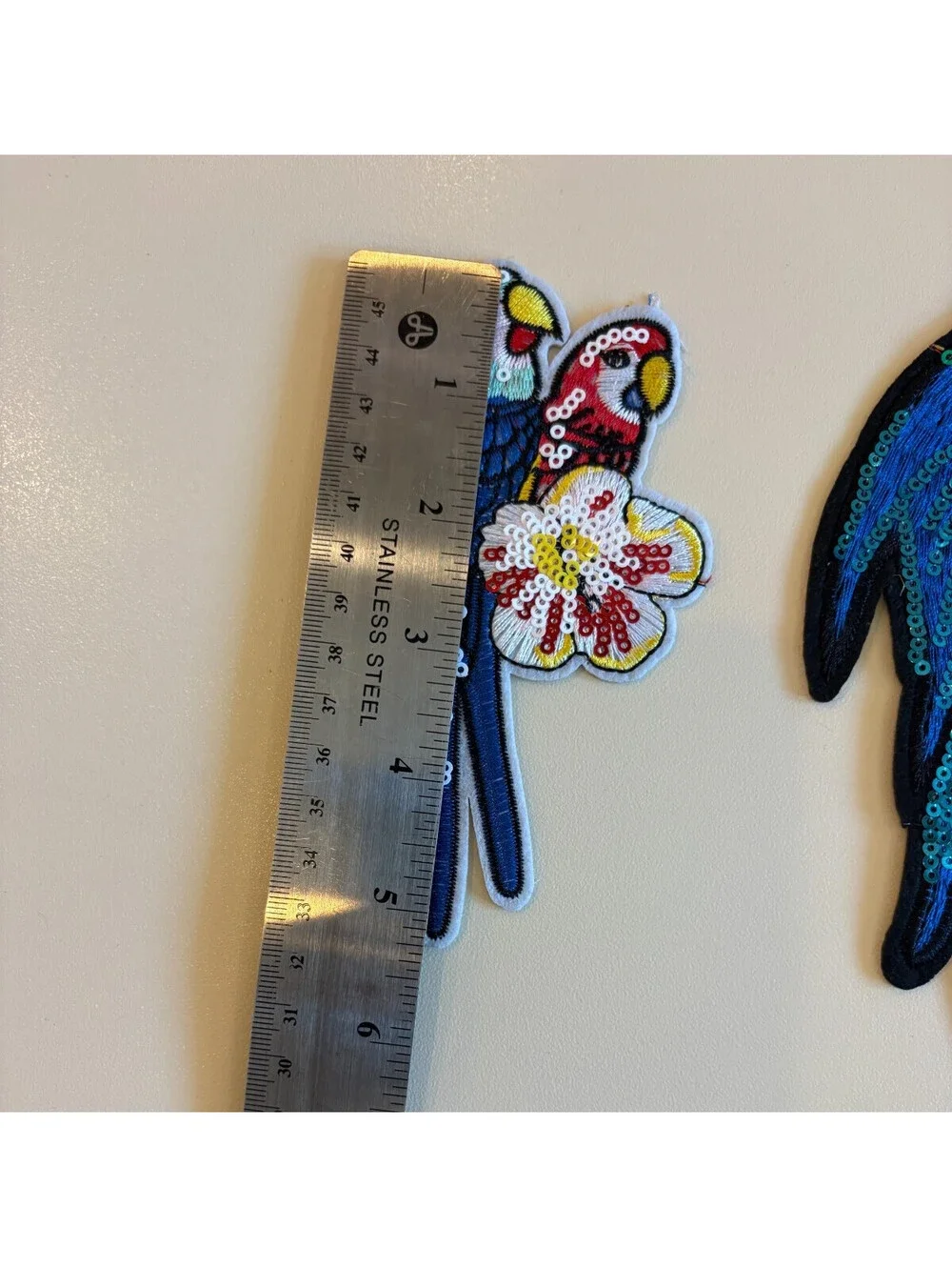 3 Vintage Parrot Applique Patch Lot Sequin Embroidered Macaw Birds DIY Craft